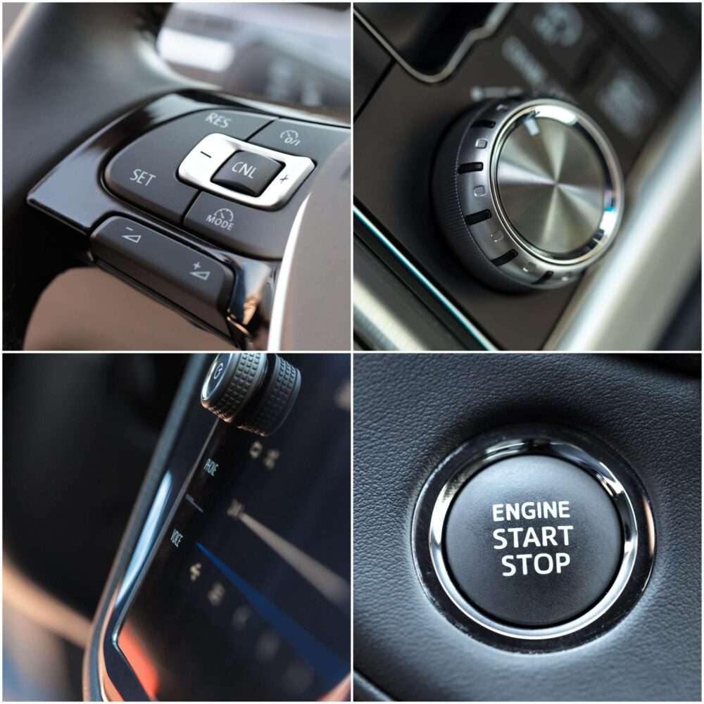 auto verkaufen - Eine Collage aus vier Nahaufnahmen, die die Bedienelemente des Fahrzeugs zeigen: Tasten für die Geschwindigkeitsregelung, einen großen Drehknopf, eine vertikale Reihe von Tasten und Drehreglern sowie eine Start-Stopp-Taste für den Motor. - Gebrauchtwagen Autohändler