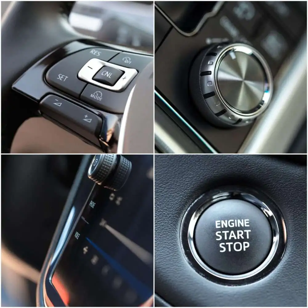 auto verkaufen - Eine Collage aus vier Nahaufnahmen, die die Bedienelemente des Fahrzeugs zeigen: Tasten für die Geschwindigkeitsregelung, einen großen Drehknopf, eine vertikale Reihe von Tasten und Drehreglern sowie eine Start-Stopp-Taste für den Motor. - Gebrauchtwagen Autohändler