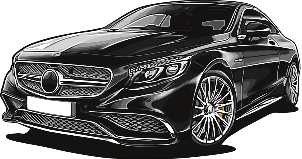 auto verkaufen - Abbildung eines eleganten schwarzen Luxussportwagens mit markantem Kühlergrill, detaillierten Scheinwerfern und großen Alufelgen, von vorne auf weißem Hintergrund dargestellt. - Gebrauchtwagen Autohändler