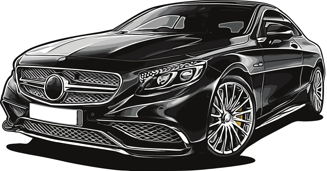 auto verkaufen - Abbildung eines eleganten schwarzen Luxussportwagens mit markantem Kühlergrill, detaillierten Scheinwerfern und großen Alufelgen, von vorne auf weißem Hintergrund dargestellt. - Gebrauchtwagen Autohändler