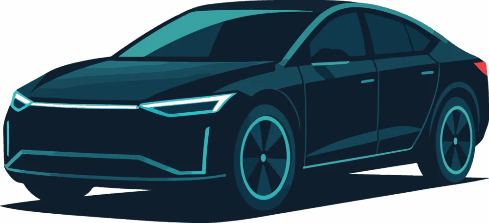 auto verkaufen - Abbildung einer modernen, dunkelblauen Limousine mit getönten Scheiben und stilisierten Linien, von vorne links betrachtet – perfekt für alle, die ein hochwertiges Gebrauchtwagen-Isernhagen-Erlebnis suchen. - Gebrauchtwagen Autohändler
