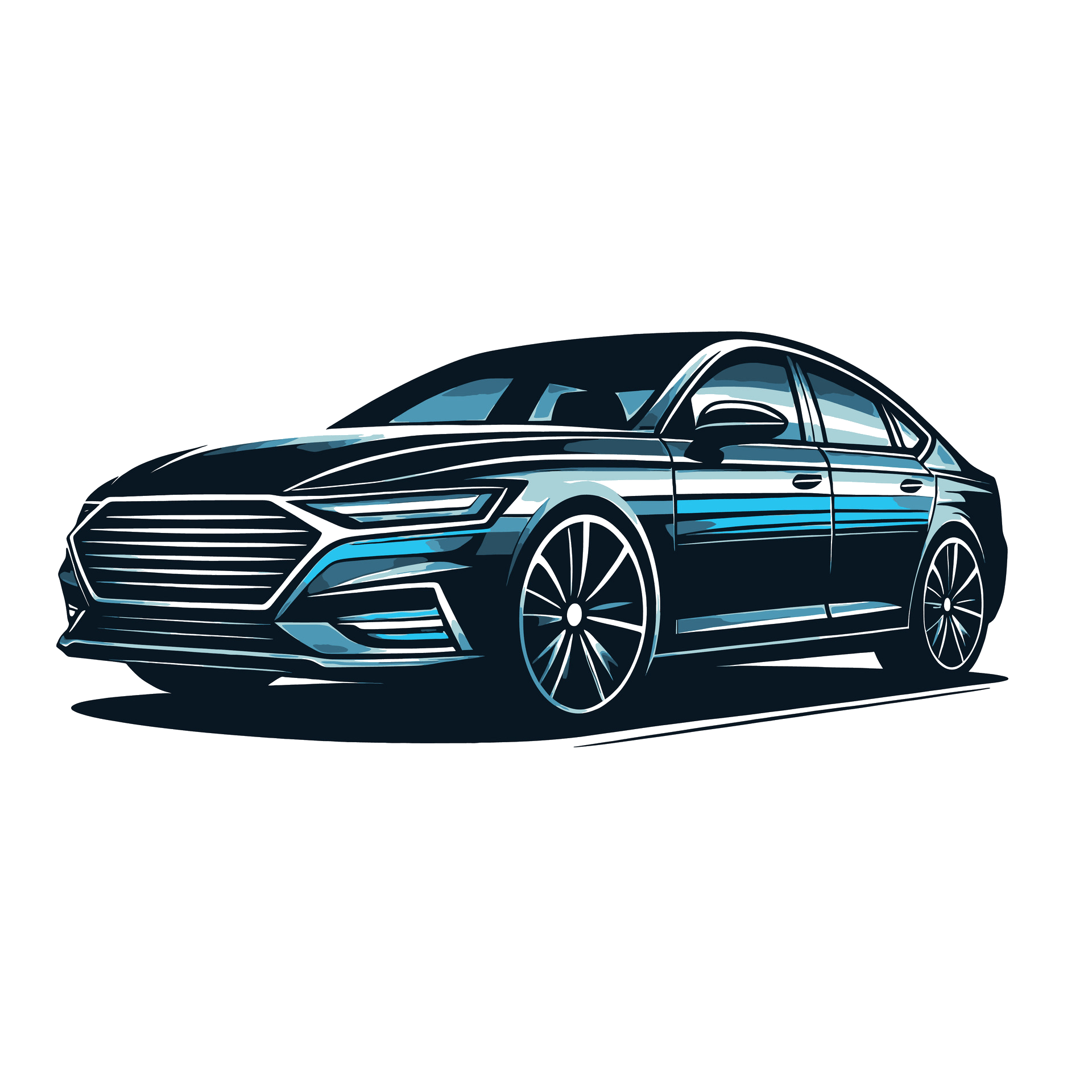 auto verkaufen - Abbildung einer modernen, dunkel gefärbten Limousine aus einem niedrigen Frontwinkel, wobei die Scheinwerfer, der Kühlergrill und die Reifen mit Reflexionen detailliert hervorgehoben werden – perfekt für eine Gebrauchtwagen-Ausstellung in Isernhagen. - Gebrauchtwagen Autohändler