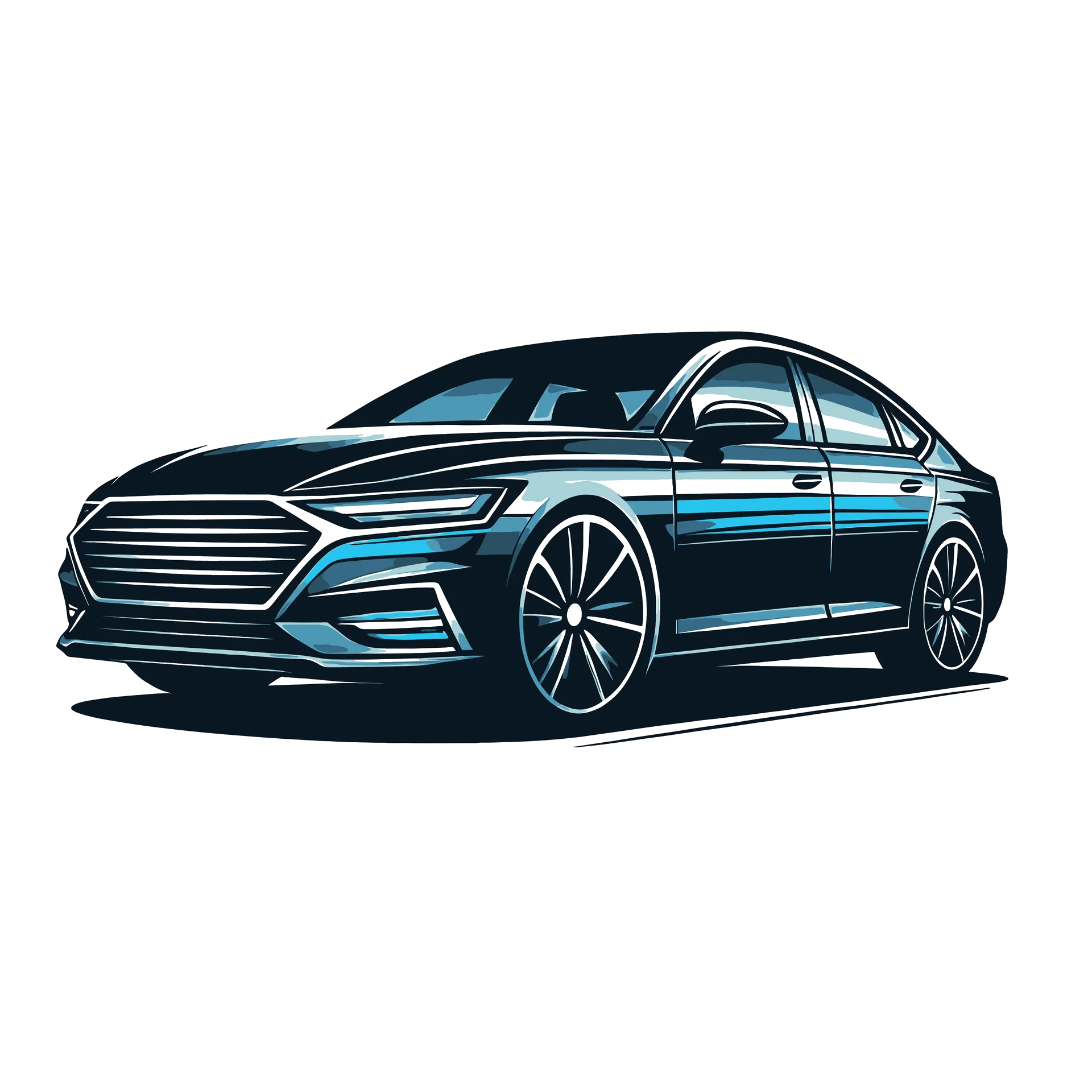 auto verkaufen - Abbildung einer modernen, dunkel gefärbten Limousine aus einem niedrigen Frontwinkel, wobei die Scheinwerfer, der Kühlergrill und die Reifen mit Reflexionen detailliert hervorgehoben werden – perfekt für eine Gebrauchtwagen-Ausstellung in Isernhagen. - Gebrauchtwagen Autohändler